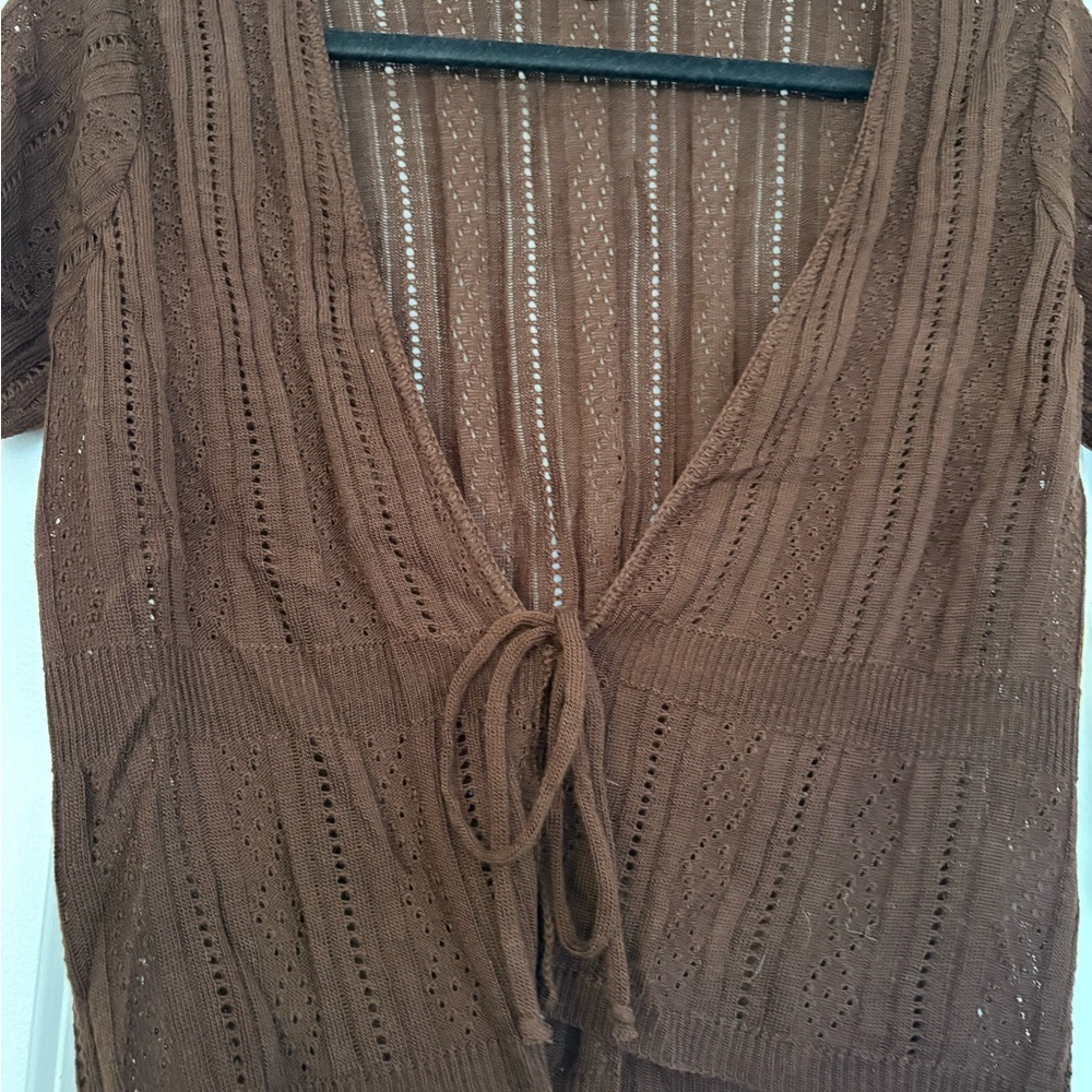 NEW Notations Women PM  Brown Open-Knit Tie Front Cardigan Sweater Short Sleeve - Picture 4 of 7